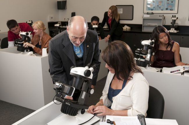 GIA Carlsbad instructor Abba Steinfeld helping a student in a classroom.